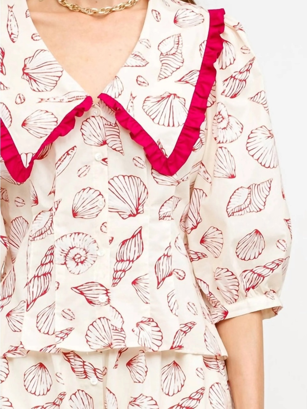 Cream Shell-Print Blouse with Pink Ruffle Trim